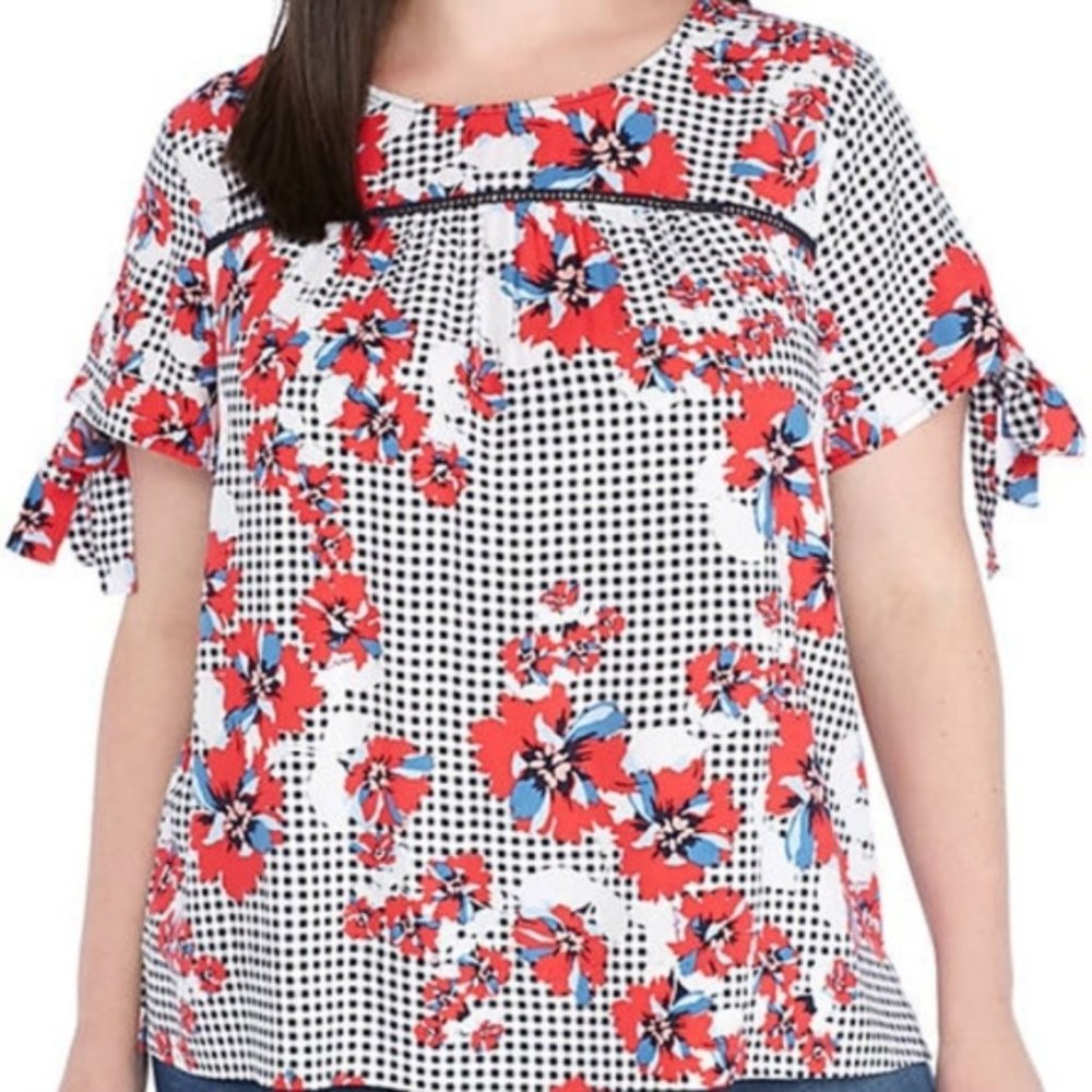 Crown & Ivy Tie Floral Polka Dot Sleeve Top NWT sz 0X